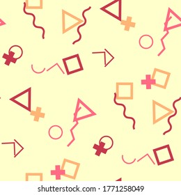 Seamless Memphis Background. Abstract Color Texture with Lines and Geometric Figures for Cotton, Print, Textile. Vintage Seamless Multicolor Background in Memphis Style for your Design. Vector.