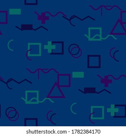 Seamless Memphis Background. Abstract Color Texture with Lines and Geometric Figures for Cotton, Calico, Textile. Trendy Seamless Multicolor Background in Memphis Style for your Design. Vector.