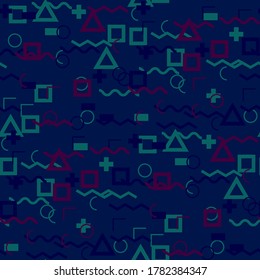 Seamless Memphis Background. Abstract Color Texture with Lines and Geometric Figures for Print, Cloth, Textile. Modern Seamless Multicolor Background in Memphis Style for your Design. Vector.