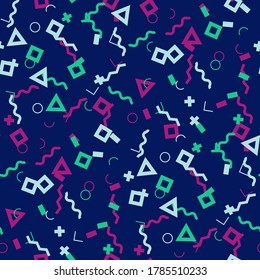 Seamless Memphis Background. Abstract Color Texture with Lines and Geometric Figures for Dress, Paper, Tablecloth. Modern Seamless Multicolor Background in Memphis Style for your Design. Vector.