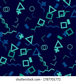 Seamless Memphis Background. Abstract Color Texture with Lines and Geometric Figures for Wallpaper, Fabric, Print. Trendy Seamless Multicolor Background in Memphis Style for your Design. Vector.
