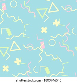 Seamless Memphis Background. Abstract Color Texture with Lines and Geometric Figures for Print, Cloth, Fabric. Retro Seamless Multicolor Background in Memphis Style for your Design. Vector.
