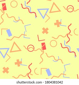 Seamless Memphis Background. Abstract Color Texture with Lines and Geometric Figures for Wallpaper, Cotton, Textile. Trendy Seamless Multicolor Background in Memphis Style for your Design. Vector.