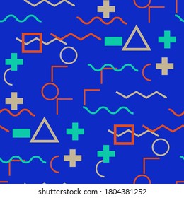 Seamless Memphis Background. Abstract Color Texture with Lines and Geometric Figures for Fabric, Cloth, Textile. Retro Seamless Multicolor Background in Memphis Style for your Design. Vector.