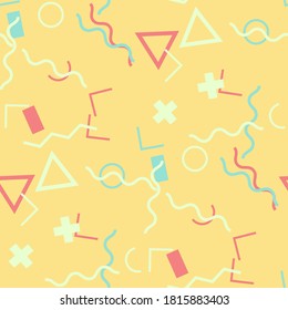 Seamless Memphis Background. Abstract Color Texture with Lines and Geometric Figures for Print, Fabric, Cloth. Retro Seamless Multicolor Background in Memphis Style for your Design. Vector.