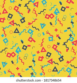 Fondo Memphis impecable. Textura de color abstracta con líneas y figuras geométricas para impresión, tela, textil. Fondo Multicolor a la moda en estilo Memphis para su diseño. Vector.