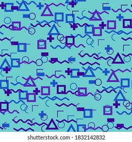 Seamless Memphis Background. Abstract Color Texture with Lines and Geometric Figures for Chintz, Linen, Paper. Trendy Seamless Multicolor Background in Memphis Style for your Design. Vector.