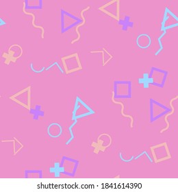 Seamless Memphis Background. Abstract Color Texture with Lines and Geometric Figures for Dress, Curtain, Tablecloth. Trendy Seamless Multicolor Background in Memphis Style for your Design. Vector.