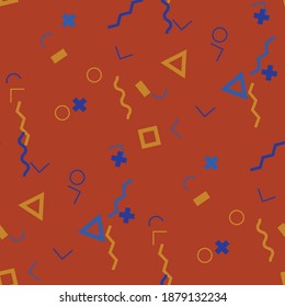 Seamless Memphis Background. Abstract Color Texture with Lines and Geometric Figures for Calico, Print, Textile. Trendy Seamless Multicolor Background in Memphis Style for your Design. Vector.