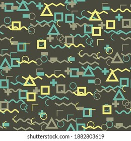 Seamless Memphis Background. Abstract Color Texture with Lines and Geometric Figures for Dress, Curtain, Tablecloth. Vintage Seamless Multicolor Background in Memphis Style for your Design. Vector.