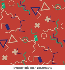 Seamless Memphis Background. Abstract Color Texture with Lines and Geometric Figures for Wallpaper, Cotton, Textile. Trendy Seamless Multicolor Background in Memphis Style for your Design. Vector.