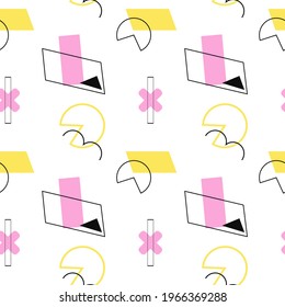 Seamless Memphis Background. Abstract Color Texture with Lines and Geometric Figures for Print, Cloth, Textile. Retro Seamless Multicolor Background in Memphis Style for your Design. Vector