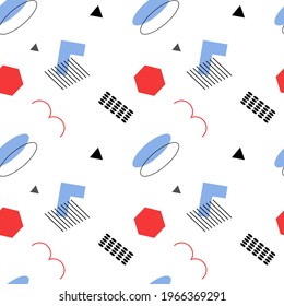 Seamless Memphis Background. Abstract Color Texture with Lines and Geometric Figures for Print, Cloth, Textile. Retro Seamless Multicolor Background in Memphis Style for your Design. Vector