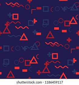 Seamless Memphis Background. Abstract Colorful Texture with Lines and Geometric Figures for Cotton, Print, Textile. Retro Seamless Multicolor Background in Memphis Style for your Design. Vector.
