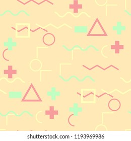 Seamless Memphis Background. Abstract Colorful Texture with Lines and Geometric Figures for Wallpaper, Fabric, Textile. Modern Seamless Multicolor Background in Memphis Style for your Design. Vector.