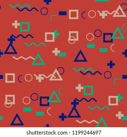 Seamless Memphis Background. Abstract Colorful Texture with Lines and Geometric Figures for Dress, Curtain, Tablecloth. Retro Seamless Multicolor Background in Memphis Style for your Design. Vector.