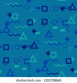 Seamless Memphis Background. Abstract Colorful Texture with Lines and Geometric Figures for Cotton, Print, Calico. Retro Seamless Multicolor Background in Memphis Style for your Design. Vector.