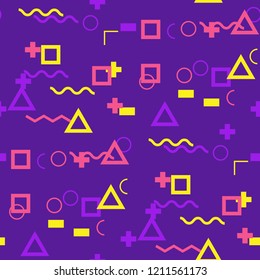 Seamless Memphis Background. Abstract Colorful Texture with Lines and Geometric Figures for Wallpaper, Fabric, Print. Trendy Seamless Multicolor Background in Memphis Style for your Design. Vector.