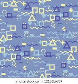 Seamless Memphis Background. Abstract Colorful Texture with Lines and Geometric Figures for Wallpaper, Fabric, Print. Vintage Seamless Multicolor Background in Memphis Style for your Design. Vector.