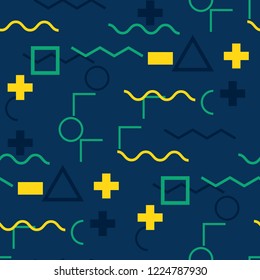 Seamless Memphis Background. Abstract Colorful Texture with Lines and Geometric Figures for Chintz, Curtain, Paper. Retro Seamless Multicolor Background in Memphis Style for your Design. Vector.