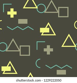 Seamless Memphis Background. Abstract Colorful Texture with Lines and Geometric Figures for Cotton, Calico, Textile. Retro Seamless Multicolor Background in Memphis Style for your Design. Vector.