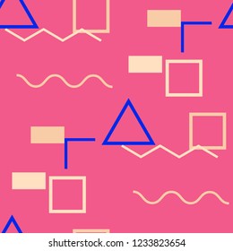Seamless Memphis Background. Abstract Colorful Texture with Lines and Geometric Figures for Dress, Curtain, Tablecloth. Vintage Seamless Multicolor Background in Memphis Style for your Design. Vector.