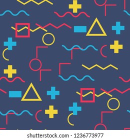 Seamless Memphis Background. Abstract Colorful Texture with Lines and Geometric Figures for Cotton, Print, Textile. Retro Seamless Multicolor Background in Memphis Style for your Design. Vector.