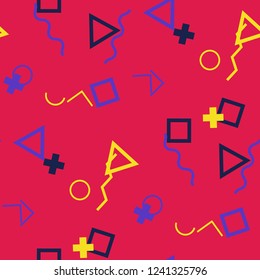 Seamless Memphis Background. Abstract Colorful Texture with Lines and Geometric Figures for Wallpaper, Fabric, Print. Trendy Seamless Multicolor Background in Memphis Style for your Design. Vector.