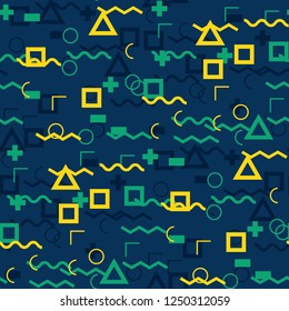 Seamless Memphis Background. Abstract Colorful Texture with Lines and Geometric Figures for Wallpaper, Cotton, Textile. Modern Seamless Multicolor Background in Memphis Style for your Design. Vector.
