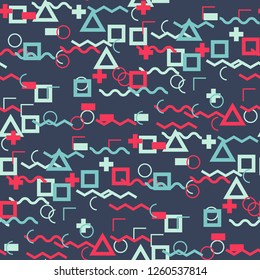 Seamless Memphis Background. Abstract Colorful Texture with Lines and Geometric Figures for Cotton, Print, Calico. Trendy Seamless Multicolor Background in Memphis Style for your Design. Vector.