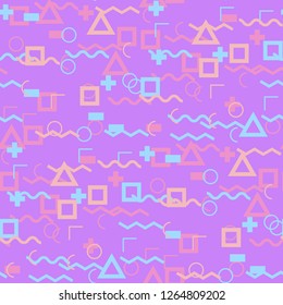 Seamless Memphis Background. Abstract Colorful Texture with Lines and Geometric Figures for Print, Cloth, Fabric. Vintage Seamless Multicolor Background in Memphis Style for your Design. Vector.