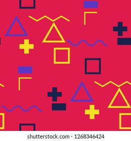 Seamless Memphis Background. Abstract Colorful Texture with Lines and Geometric Figures for Dress, Paper, Tablecloth. Modern Seamless Multicolor Background in Memphis Style for your Design. Vector.