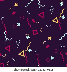 Seamless Memphis Background. Abstract Colorful Texture with Lines and Geometric Figures for Chintz, Linen, Paper. Vintage Seamless Multicolor Background in Memphis Style for your Design. Vector.
