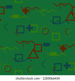 Seamless Memphis Background. Abstract Colorful Texture with Lines and Geometric Figures for Print, Cloth, Fabric. Modern Seamless Multicolor Background in Memphis Style for your Design. Vector.