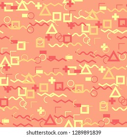 Seamless Memphis Background. Abstract Colorful Texture with Lines and Geometric Figures for Calico, Print, Textile. Trendy Seamless Multicolor Background in Memphis Style for your Design. Vector.