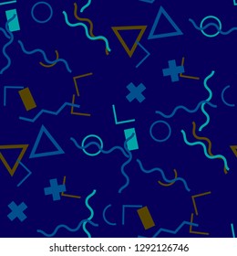 Seamless Memphis Background. Abstract Colorful Texture with Lines and Geometric Figures for Print, Fabric, Textile.  Retro Seamless Multicolor Background in Memphis Style for your Design. Vector.