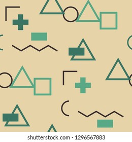 Seamless Memphis Background. Abstract Colorful Texture with Lines and Geometric Figures for Cotton, Print, Calico. Vintage Seamless Multicolor Background in Memphis Style for your Design. Vector.