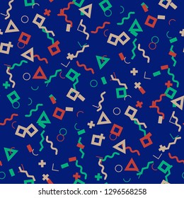 Seamless Memphis Background. Abstract Colorful Texture with Lines and Geometric Figures for Calico, Print, Textile. Retro Seamless Multicolor Background in Memphis Style for your Design. Vector.