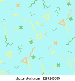 Seamless Memphis Background. Abstract Colorful Texture with Lines and Geometric Figures for Print, Fabric, Textile. Modern Seamless Multicolor Background in Memphis Style for your Design. Vector.