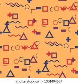 Seamless Memphis Background. Abstract Colorful Texture with Lines and Geometric Figures for Chintz, Linen, Wallpaper. Trendy Seamless Multicolor Background in Memphis Style for your Design. Vector.