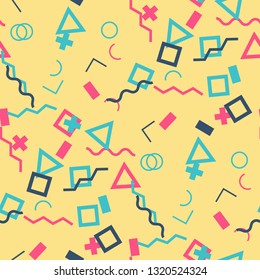 Seamless Memphis Background. Abstract Colorful Texture with Lines and Geometric Figures for Print, Fabric, Cloth. Trendy Seamless Multicolor Background in Memphis Style for your Design. Vector.