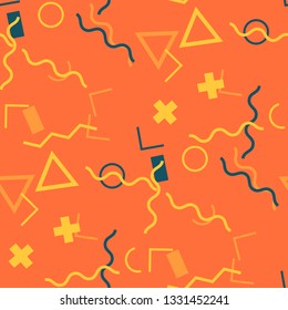 Seamless Memphis Background. Abstract Colorful Texture with Lines and Geometric Figures Multicolor Background in Memphis Style for your Design. Vector.