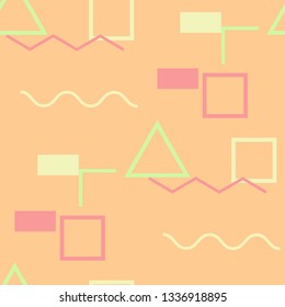 Seamless Memphis Background. Abstract Colorful Texture with Lines and Geometric Figures for Dress, Curtain, Paper. Vintage Seamless Multicolor Background in Memphis Style for your Design. Vector.