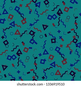 Seamless Memphis Background. Abstract Colorful Texture with Lines and Geometric Figures for Dress, Curtain, Paper. Trendy Seamless Multicolor Background in Memphis Style for your Design. Vector.