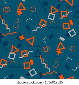 Seamless Memphis Background. Abstract Colorful Texture with Lines and Geometric Figures for Print, Fabric, Cloth. Modern Seamless Multicolor Background in Memphis Style for your Design. Vector.