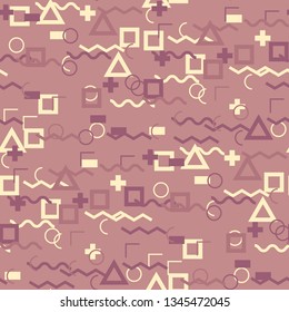 Seamless Memphis Background. Abstract Colorful Texture with Lines and Geometric Figures for Fabric, Cloth, Textile. Vintage Seamless Multicolor Background in Memphis Style for your Design. Vector.