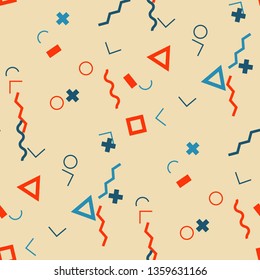 Seamless Memphis Background. Abstract Colorful Texture with Lines and Geometric Figures for Cotton, Calico, Textile. Trendy Seamless Multicolor Background in Memphis Style for your Design. Vector.