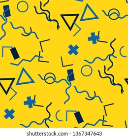 Seamless Memphis Background. Abstract Colorful Texture with Lines and Geometric Figures for Print, Fabric, Textile. Vintage Seamless Multicolor Background in Memphis Style for your Design. Vector.