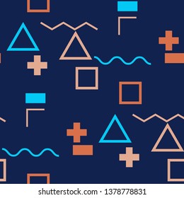 Seamless Memphis Background. Abstract Colorful Texture with Lines and Geometric Figures for Chintz, Linen, Paper. Retro Seamless Multicolor Background in Memphis Style for your Design. Vector.