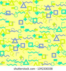 Seamless Memphis Background. Abstract Colorful Texture with Lines and Geometric Figures for Calico, Print, Textile. Trendy Seamless Multicolor Background in Memphis Style for your Design. Vector.